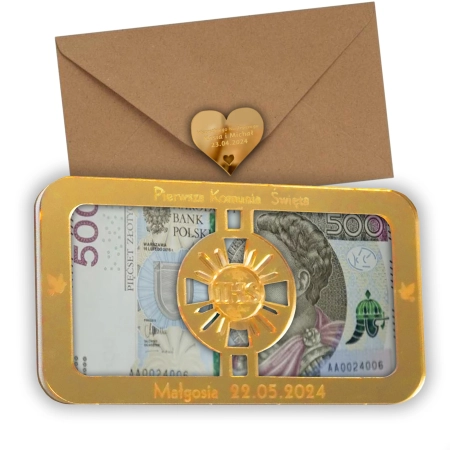 Piękna personalizowana Złota koperta na pieniądze na Komunie Świętą